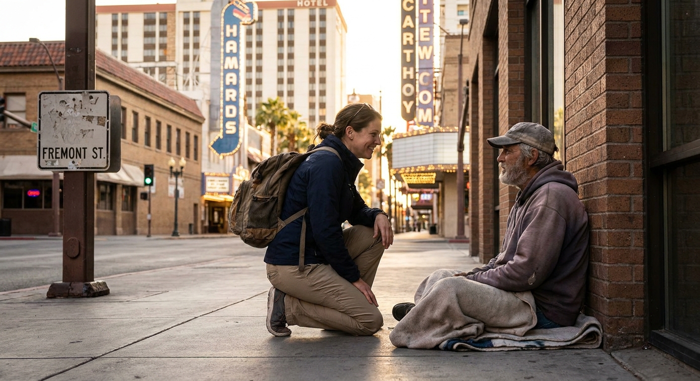 Outreach worker having a respectful conversation with an individual experiencing homelessness on a Las Vegas street during golden hour