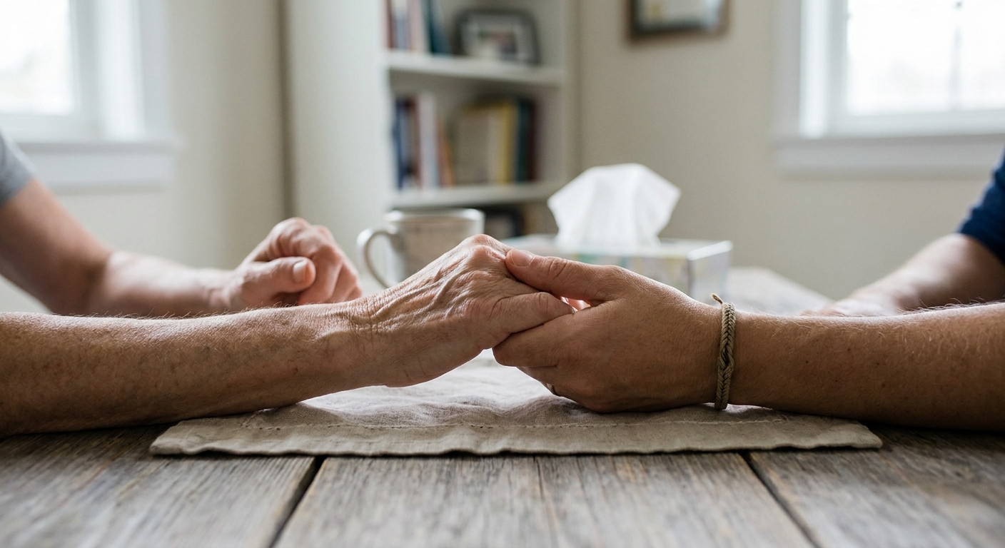 Two hands clasped together across a table in supportive gesture, one hand showing visible tension, photographed in natural light