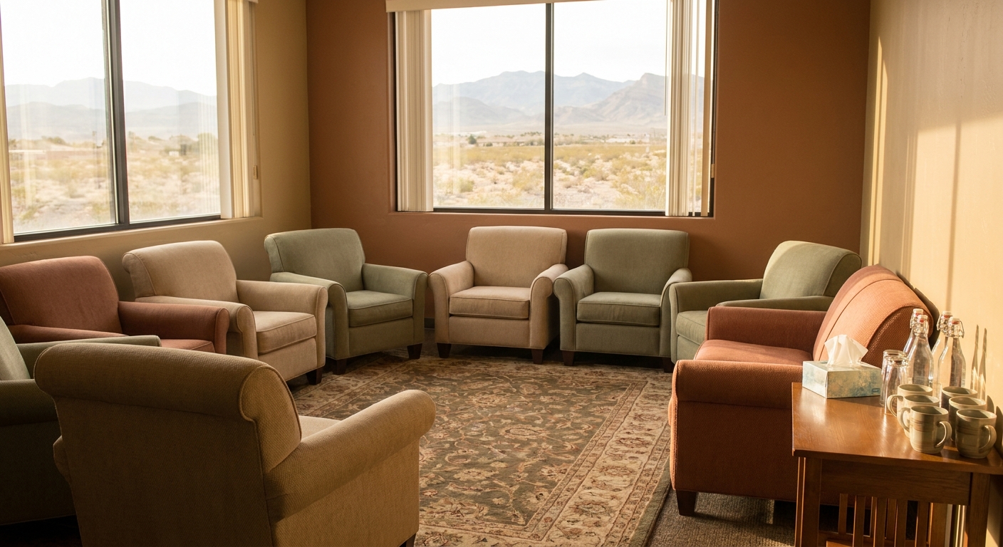 Empty therapy chairs arranged in a circle in a Las Vegas intensive outpatient program treatment room with natural window light
