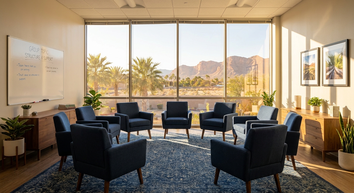 Empty group therapy room with chairs in circle at Vegas Stronger PHP facility in Las Vegas