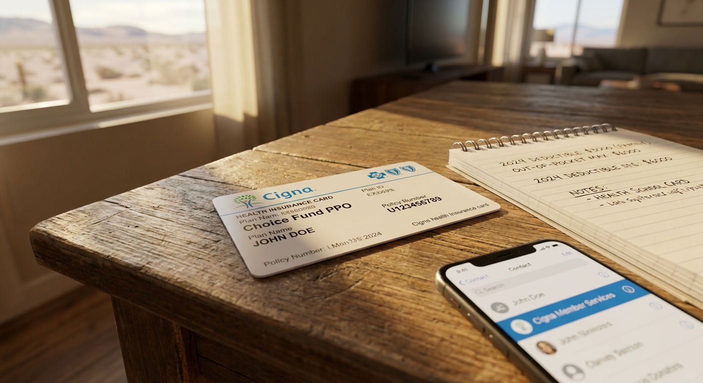Cigna insurance card on table with phone and notepad for verifying rehab coverage benefits