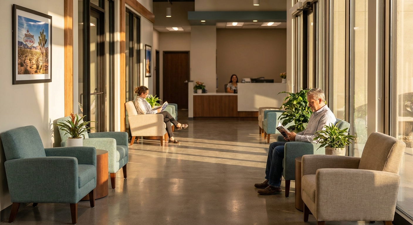 Welcoming waiting room at a Las Vegas medical treatment facility with natural lighting and comfortable seating