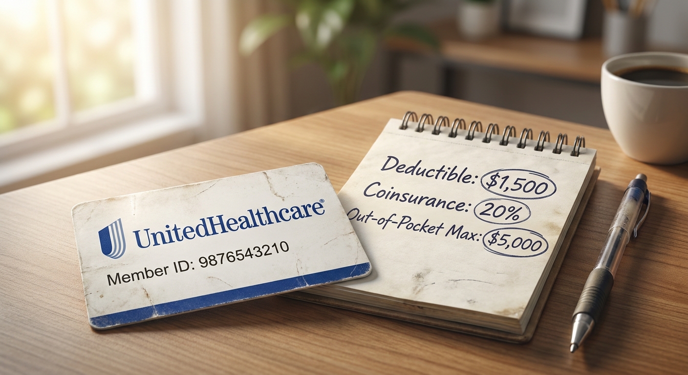 UnitedHealthcare insurance card on desk with notepad showing deductible and coinsurance notes for rehab coverage verification