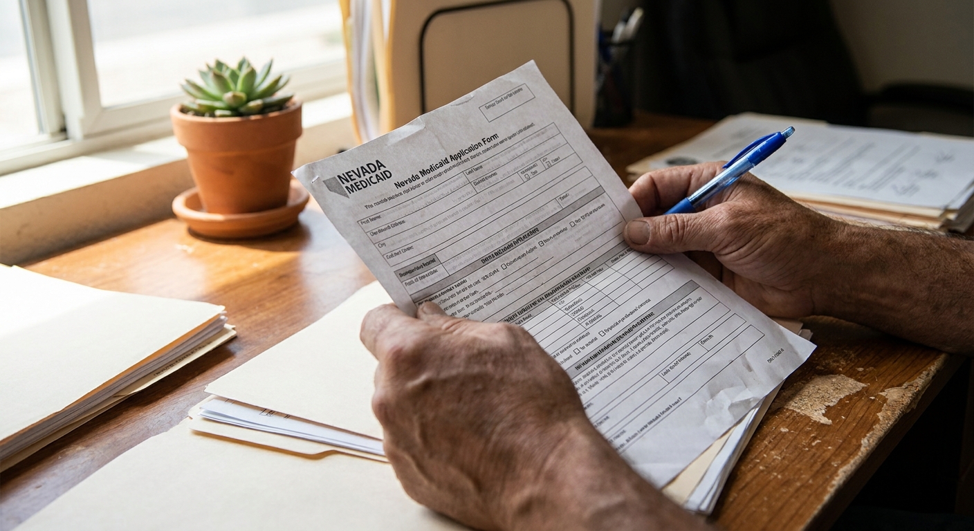 Case manager reviewing Nevada Medicaid enrollment paperwork at Vegas Stronger office desk