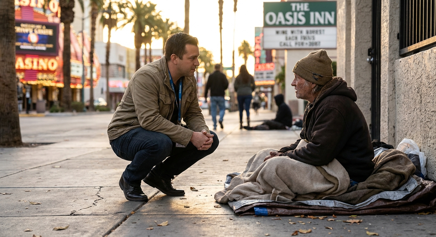 Vegas Stronger outreach worker meeting with person experiencing homelessness on Las Vegas street in compassionate, eye-level conversation
