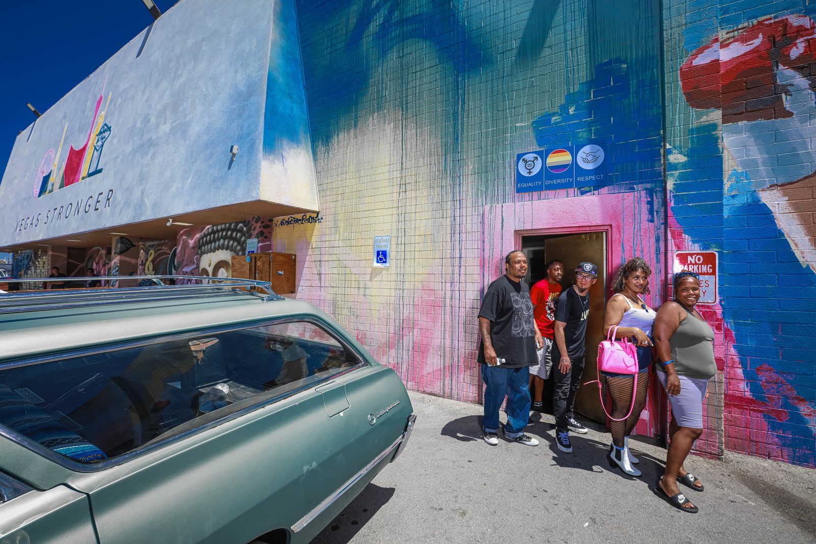 Group outside Vegas Stronger community building entrance