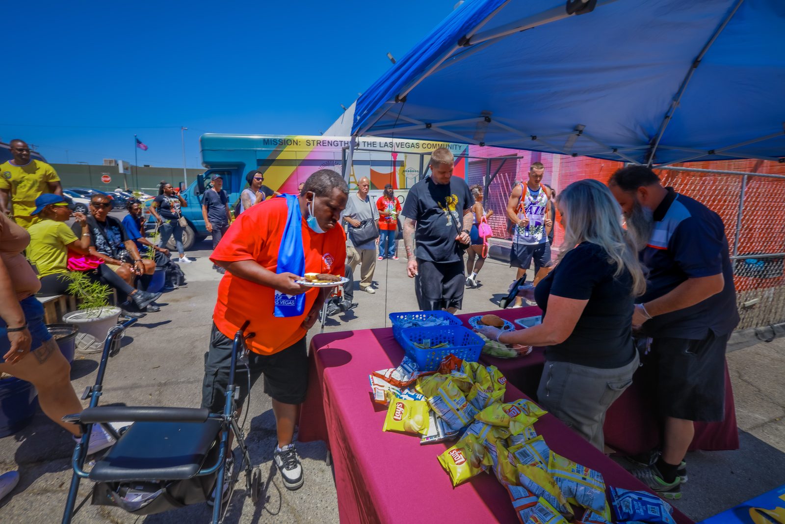 Crowd at outdoor food distribution tent, Las Vegas