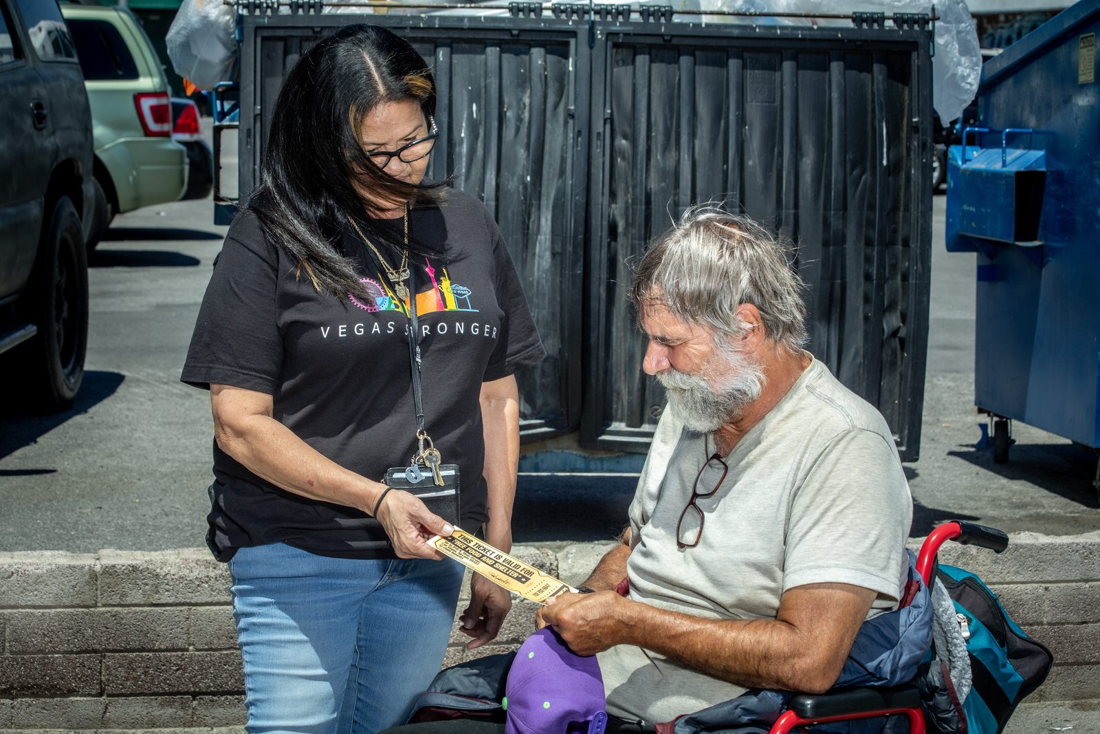 Woman exiting Vegas Stronger community outreach bus