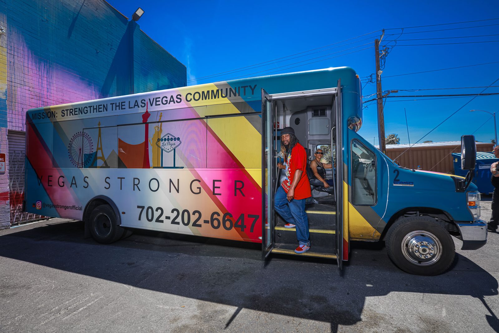 Man exiting Vegas Stronger bus in Las Vegas